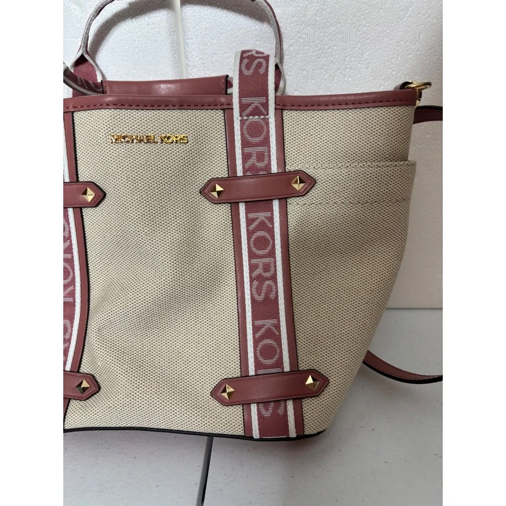 Michael Kors Tote Bag‎ Canvas Leather Trim Logo Straps Pink Gold NEW